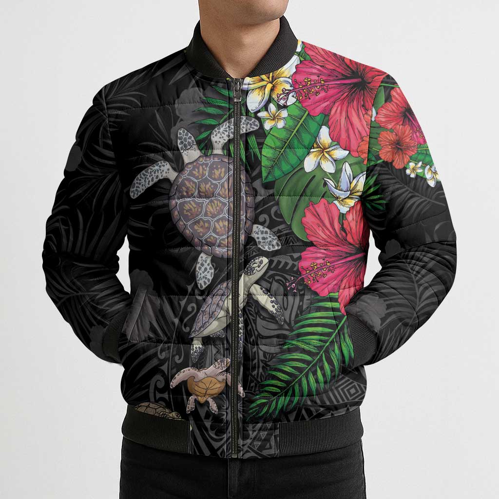 Hawaiian Tropical Plants and Turtles Bomber Puffer Jacket Polynesian Art Motifs