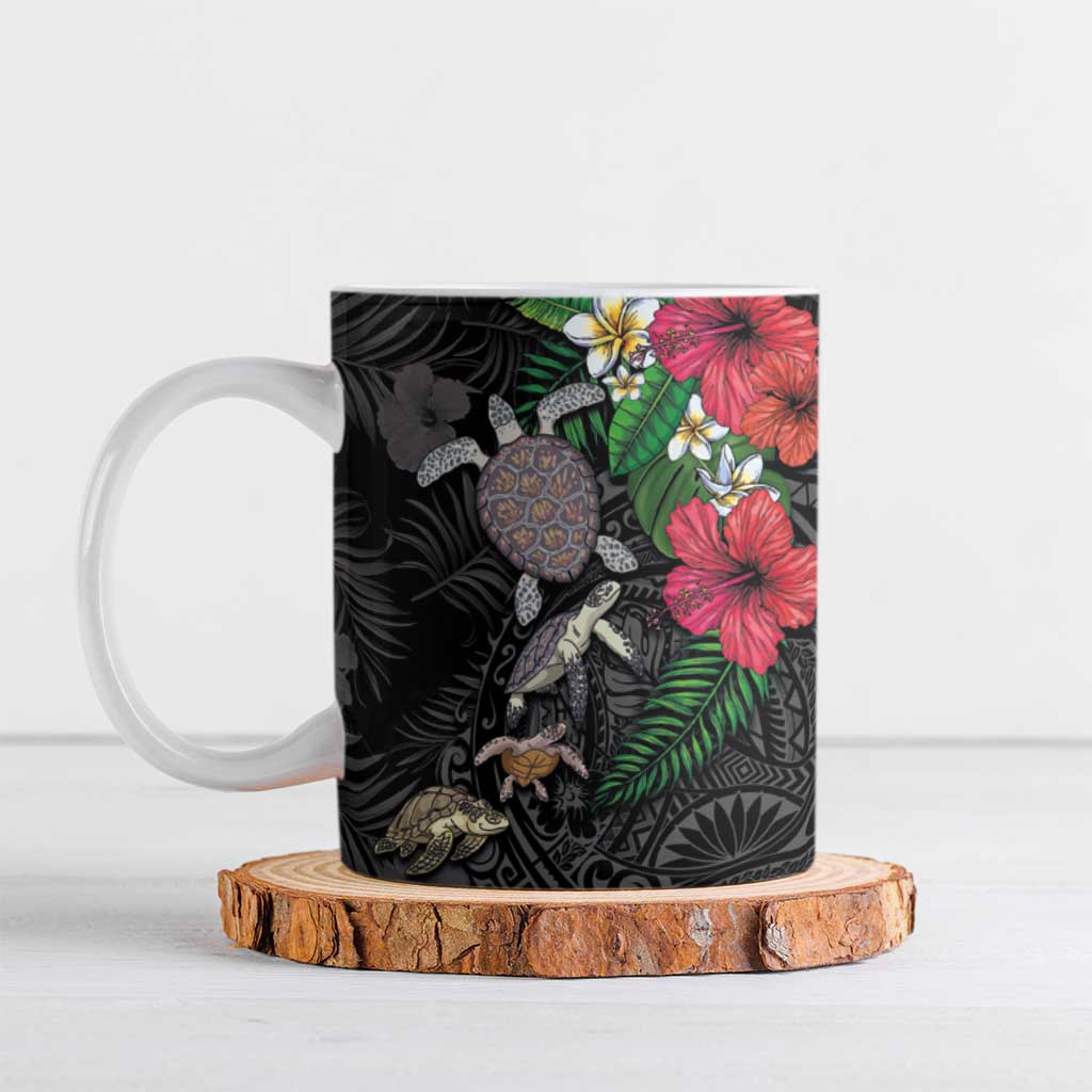 Hawaiian Tropical Plants and Turtles Ceramic Mug Polynesian Art Motifs