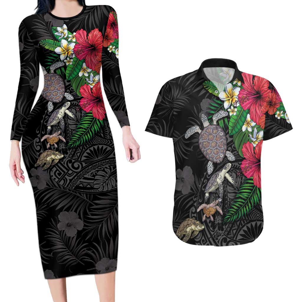 Hawaiian Tropical Plants and Turtles Couples Matching Long Sleeve Bodycon Dress and Hawaiian Shirt Polynesian Art Motifs