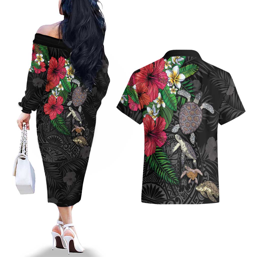 Hawaiian Tropical Plants and Turtles Couples Matching Off The Shoulder Long Sleeve Dress and Hawaiian Shirt Polynesian Art Motifs