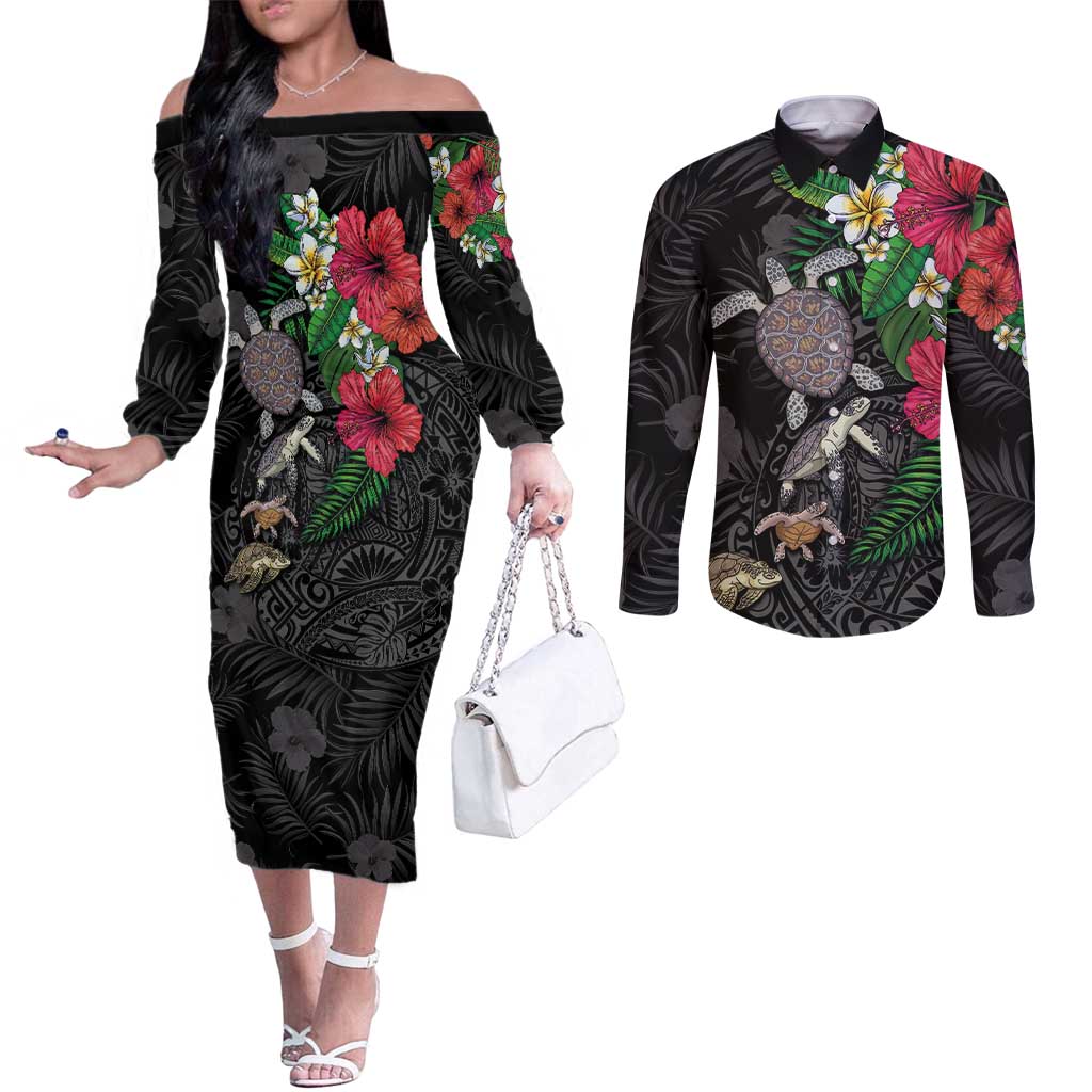 Hawaiian Tropical Plants and Turtles Couples Matching Off The Shoulder Long Sleeve Dress and Long Sleeve Button Shirt Polynesian Art Motifs
