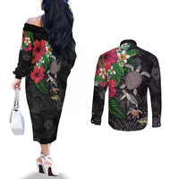 Hawaiian Tropical Plants and Turtles Couples Matching Off The Shoulder Long Sleeve Dress and Long Sleeve Button Shirt Polynesian Art Motifs