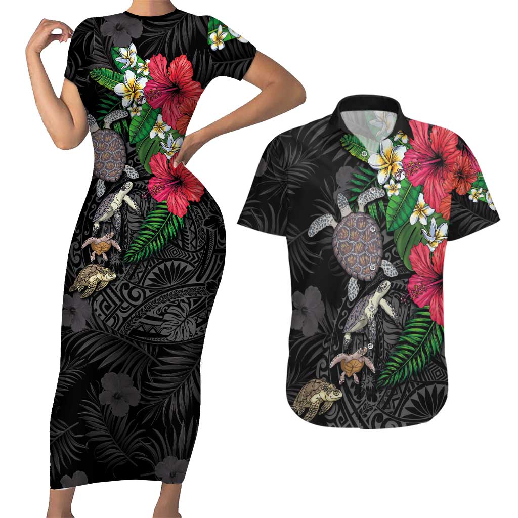 Hawaiian Tropical Plants and Turtles Couples Matching Short Sleeve Bodycon Dress and Hawaiian Shirt Polynesian Art Motifs