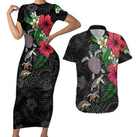 Hawaiian Tropical Plants and Turtles Couples Matching Short Sleeve Bodycon Dress and Hawaiian Shirt Polynesian Art Motifs