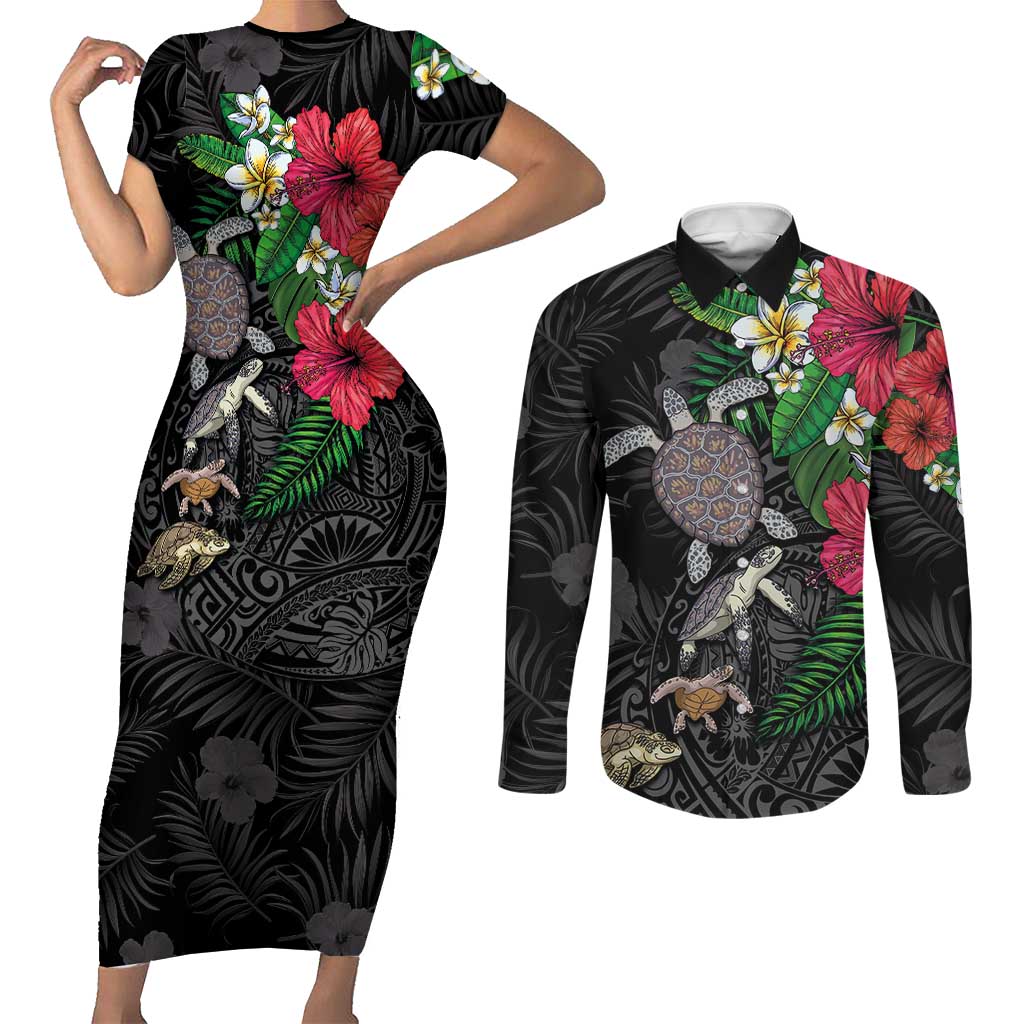 Hawaiian Tropical Plants and Turtles Couples Matching Short Sleeve Bodycon Dress and Long Sleeve Button Shirt Polynesian Art Motifs