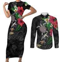 Hawaiian Tropical Plants and Turtles Couples Matching Short Sleeve Bodycon Dress and Long Sleeve Button Shirt Polynesian Art Motifs