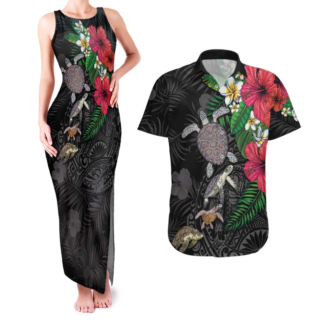 Hawaiian Tropical Plants and Turtles Couples Matching Tank Maxi Dress and Hawaiian Shirt Polynesian Art Motifs