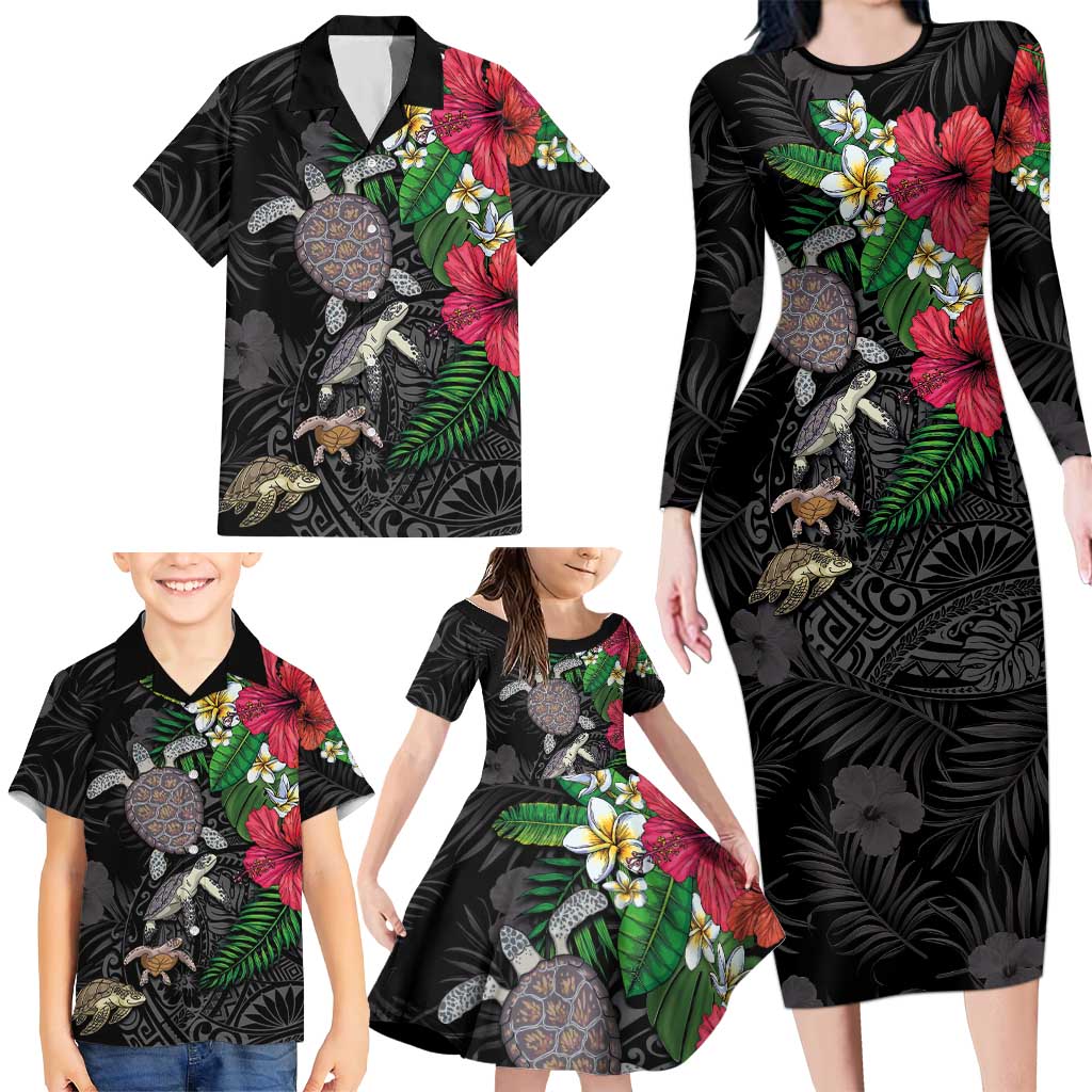 Hawaiian Tropical Plants and Turtles Family Matching Long Sleeve Bodycon Dress and Hawaiian Shirt Polynesian Art Motifs