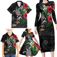 Hawaiian Tropical Plants and Turtles Family Matching Long Sleeve Bodycon Dress and Hawaiian Shirt Polynesian Art Motifs