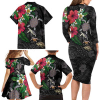 Hawaiian Tropical Plants and Turtles Family Matching Long Sleeve Bodycon Dress and Hawaiian Shirt Polynesian Art Motifs