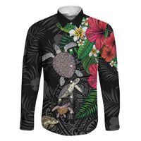 Hawaiian Tropical Plants and Turtles Family Matching Long Sleeve Bodycon Dress and Hawaiian Shirt Polynesian Art Motifs