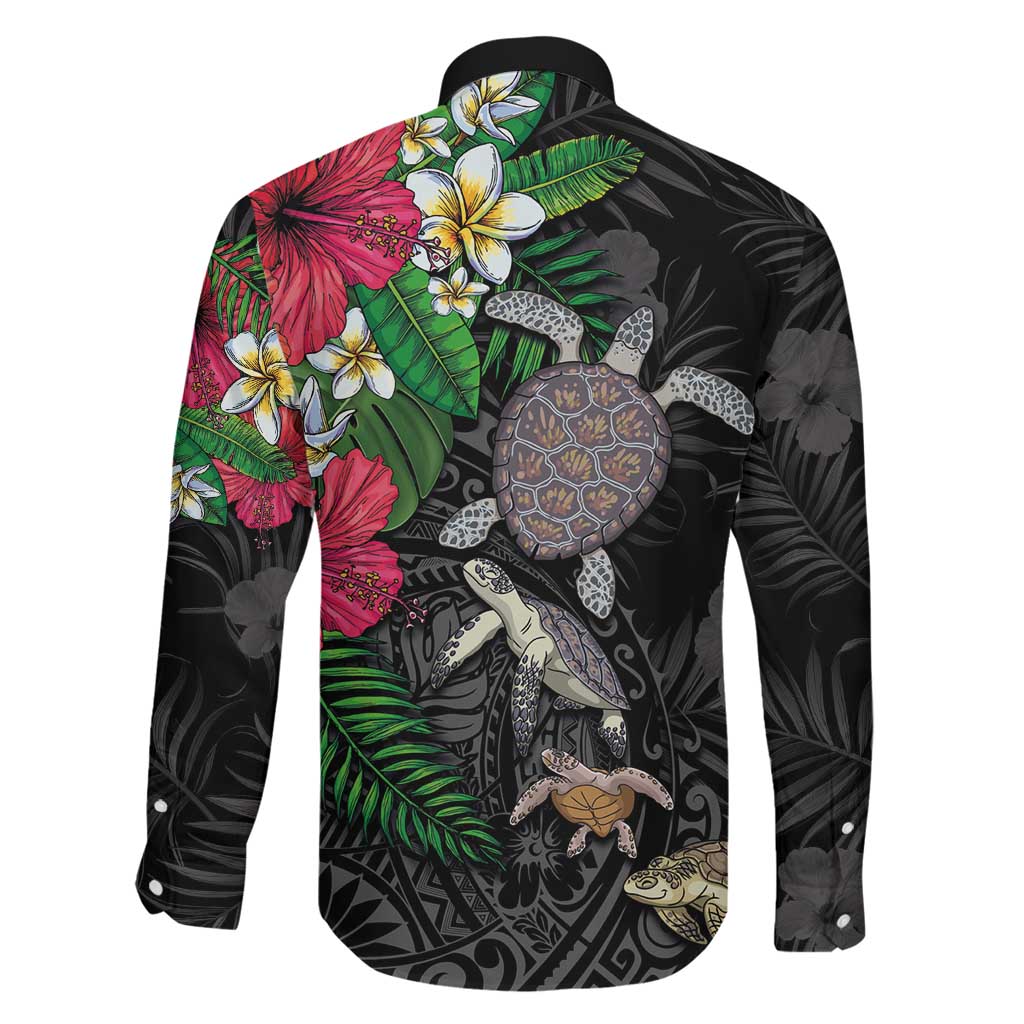 Hawaiian Tropical Plants and Turtles Family Matching Long Sleeve Bodycon Dress and Hawaiian Shirt Polynesian Art Motifs