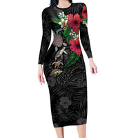 Hawaiian Tropical Plants and Turtles Family Matching Long Sleeve Bodycon Dress and Hawaiian Shirt Polynesian Art Motifs