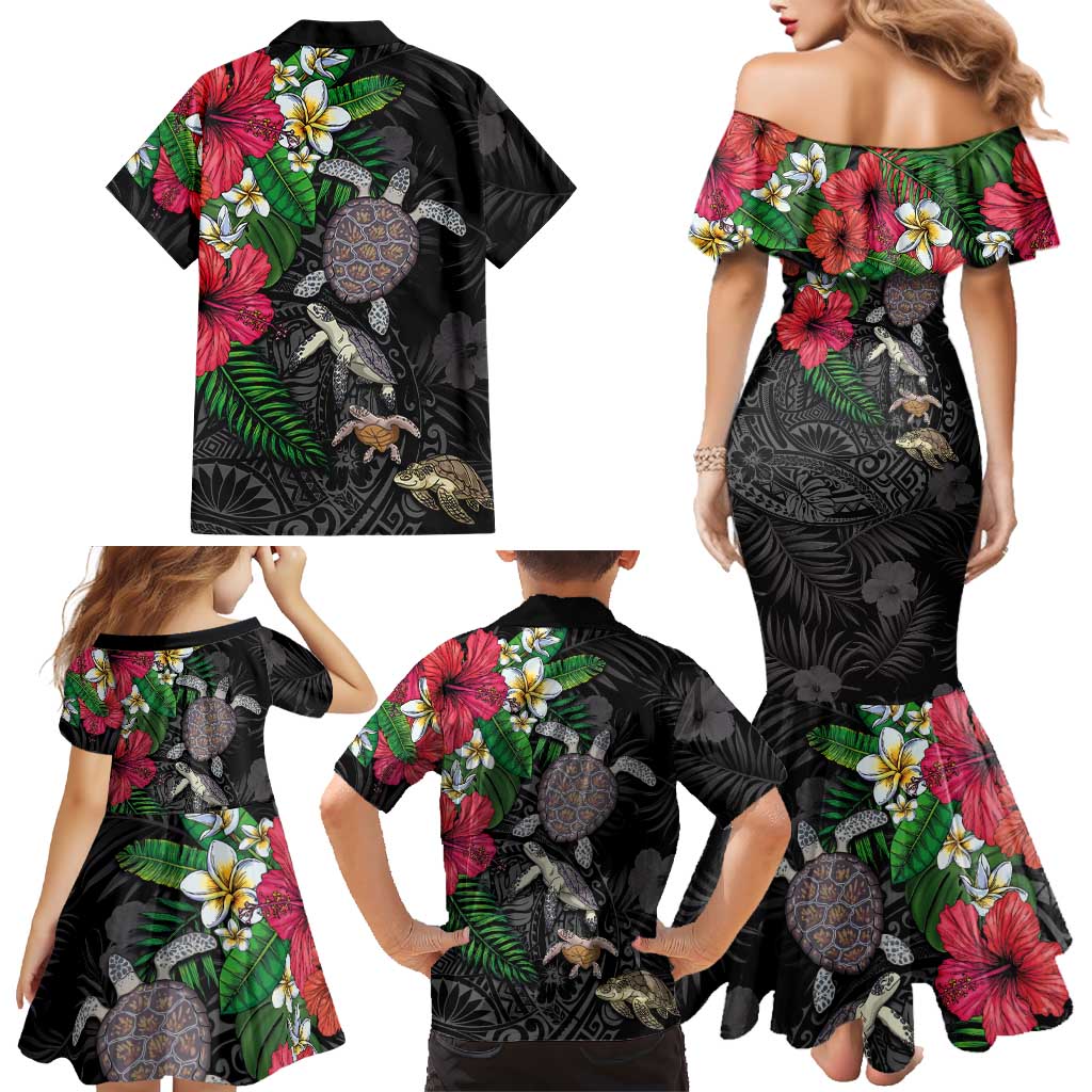 Hawaiian Tropical Plants and Turtles Family Matching Mermaid Dress and Hawaiian Shirt Polynesian Art Motifs