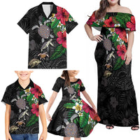 Hawaiian Tropical Plants and Turtles Family Matching Off Shoulder Maxi Dress and Hawaiian Shirt Polynesian Art Motifs