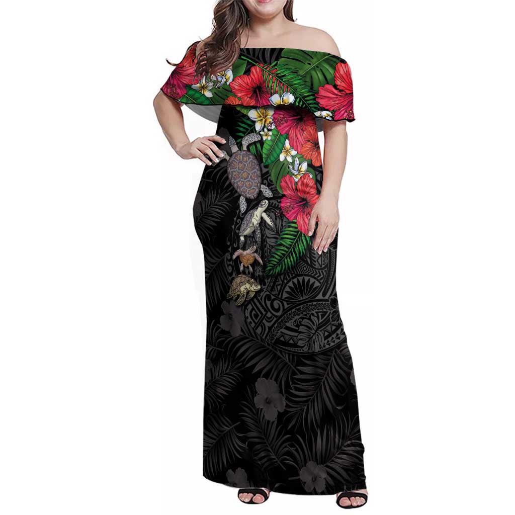 Hawaiian Tropical Plants and Turtles Family Matching Off Shoulder Maxi Dress and Hawaiian Shirt Polynesian Art Motifs