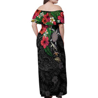 Hawaiian Tropical Plants and Turtles Family Matching Off Shoulder Maxi Dress and Hawaiian Shirt Polynesian Art Motifs