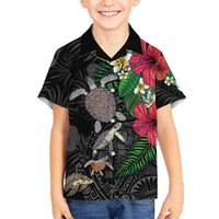 Hawaiian Tropical Plants and Turtles Family Matching Off Shoulder Maxi Dress and Hawaiian Shirt Polynesian Art Motifs
