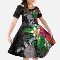 Hawaiian Tropical Plants and Turtles Family Matching Short Sleeve Bodycon Dress and Hawaiian Shirt Polynesian Art Motifs