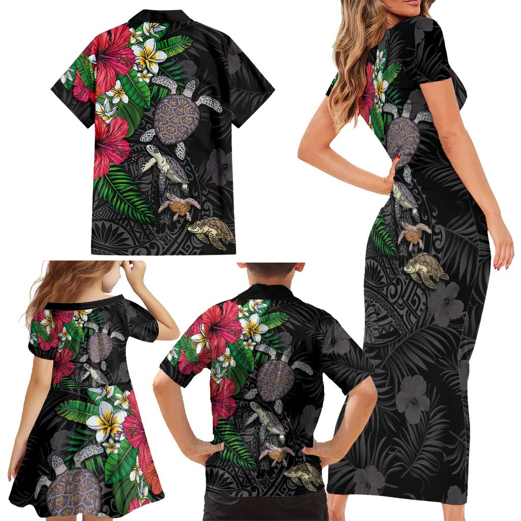 Hawaiian Tropical Plants and Turtles Family Matching Short Sleeve Bodycon Dress and Hawaiian Shirt Polynesian Art Motifs