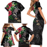 Hawaiian Tropical Plants and Turtles Family Matching Short Sleeve Bodycon Dress and Hawaiian Shirt Polynesian Art Motifs