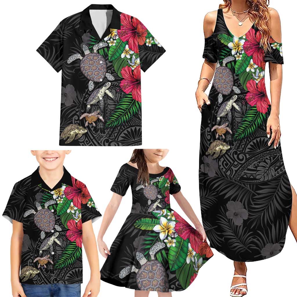 Hawaiian Tropical Plants and Turtles Family Matching Summer Maxi Dress and Hawaiian Shirt Polynesian Art Motifs