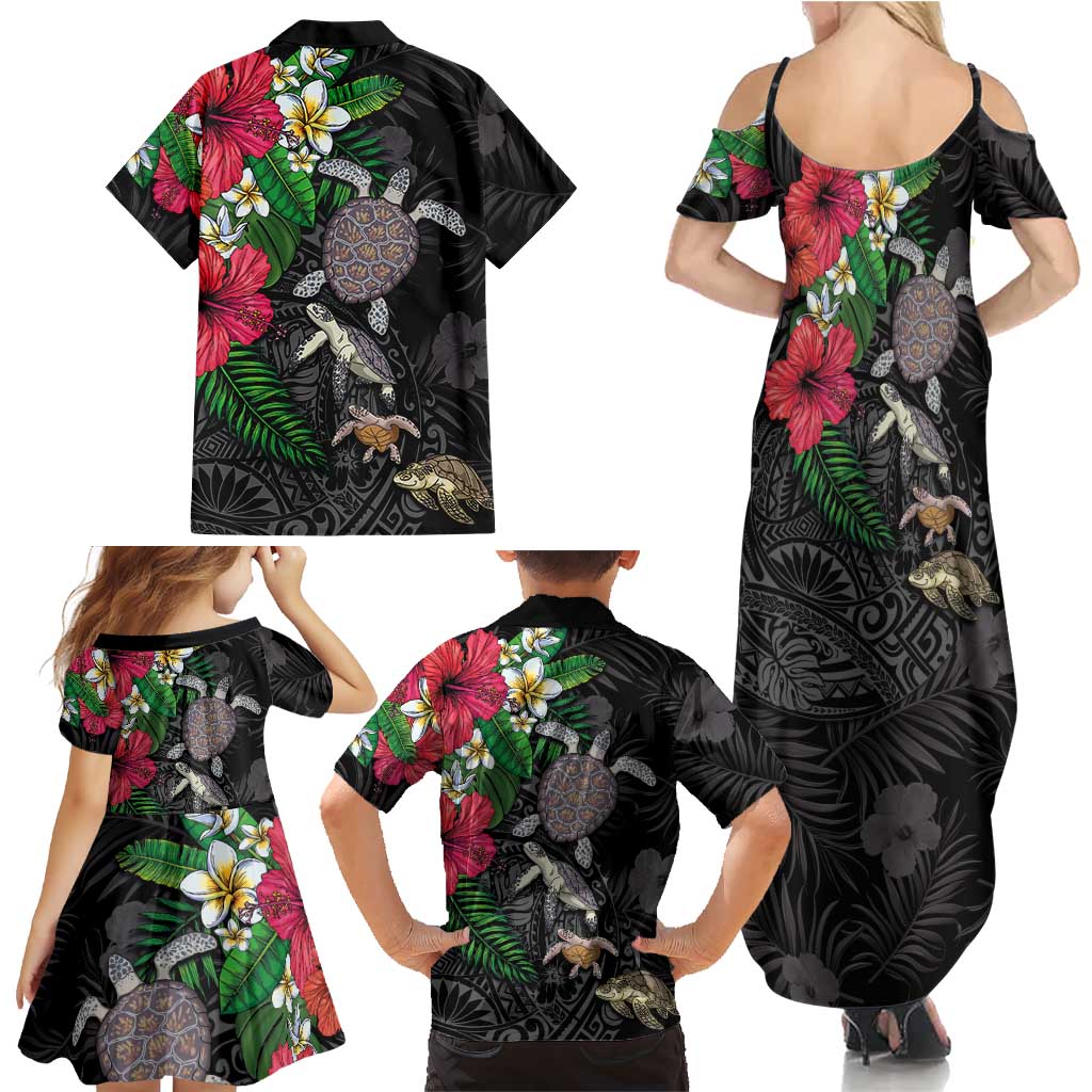 Hawaiian Tropical Plants and Turtles Family Matching Summer Maxi Dress and Hawaiian Shirt Polynesian Art Motifs