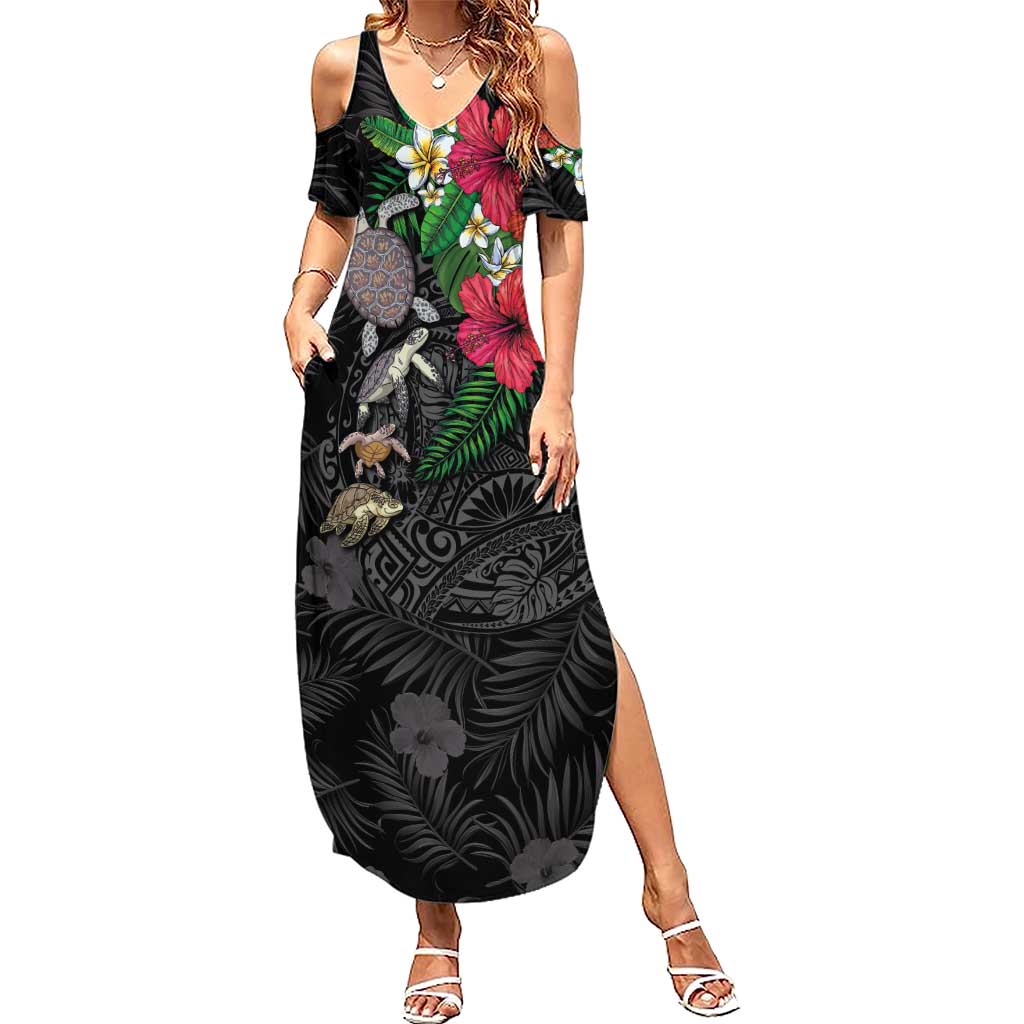 Hawaiian Tropical Plants and Turtles Family Matching Summer Maxi Dress and Hawaiian Shirt Polynesian Art Motifs
