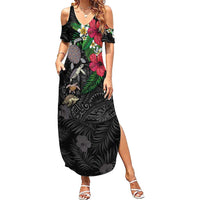Hawaiian Tropical Plants and Turtles Family Matching Summer Maxi Dress and Hawaiian Shirt Polynesian Art Motifs