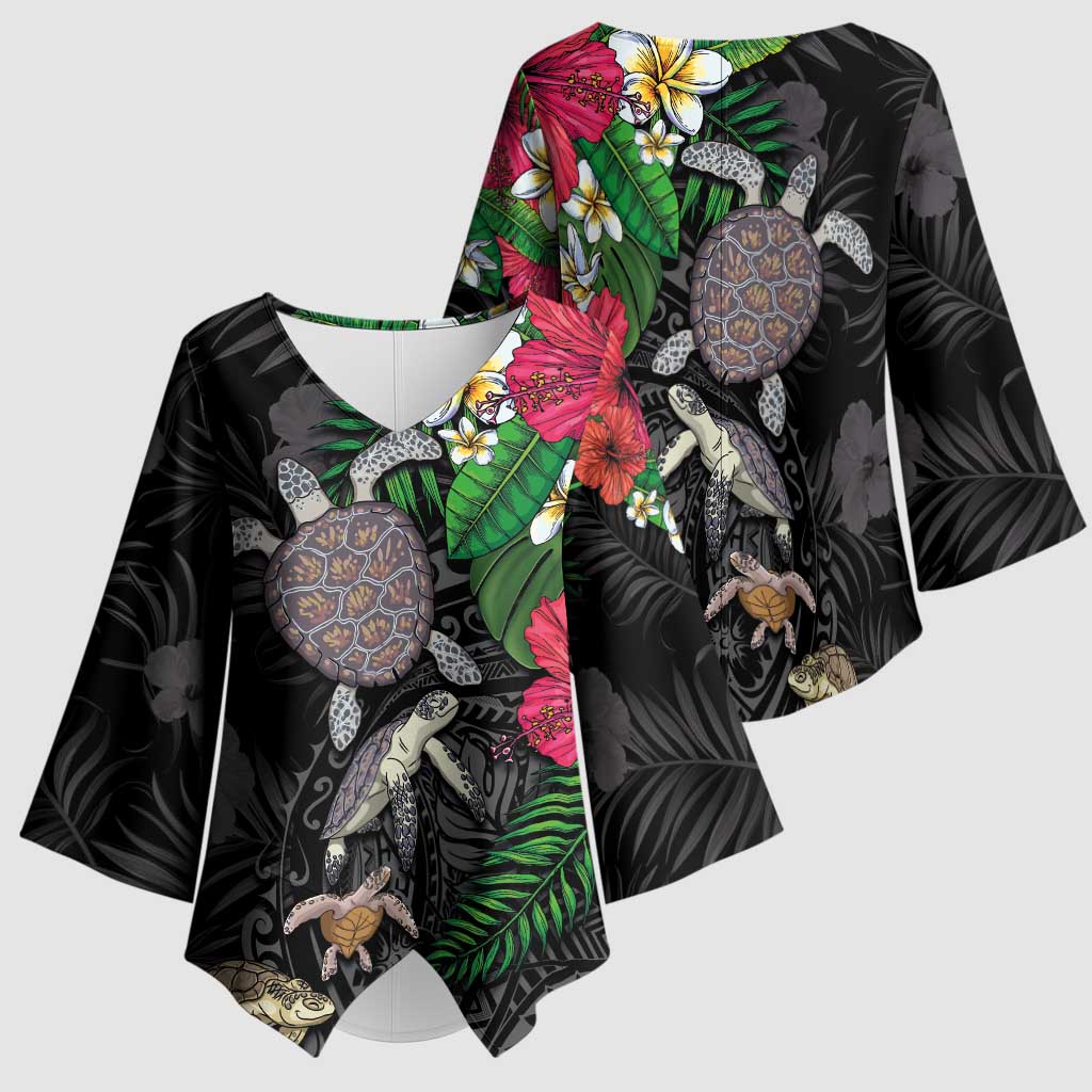 Hawaiian Tropical Plants and Turtles Kimono Sleeve Blouse Polynesian Art Motifs