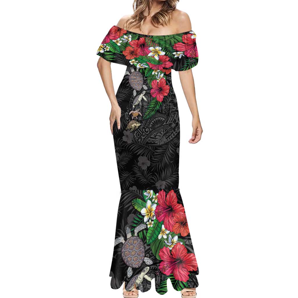 Hawaiian Tropical Plants and Turtles Mermaid Dress Polynesian Art Motifs