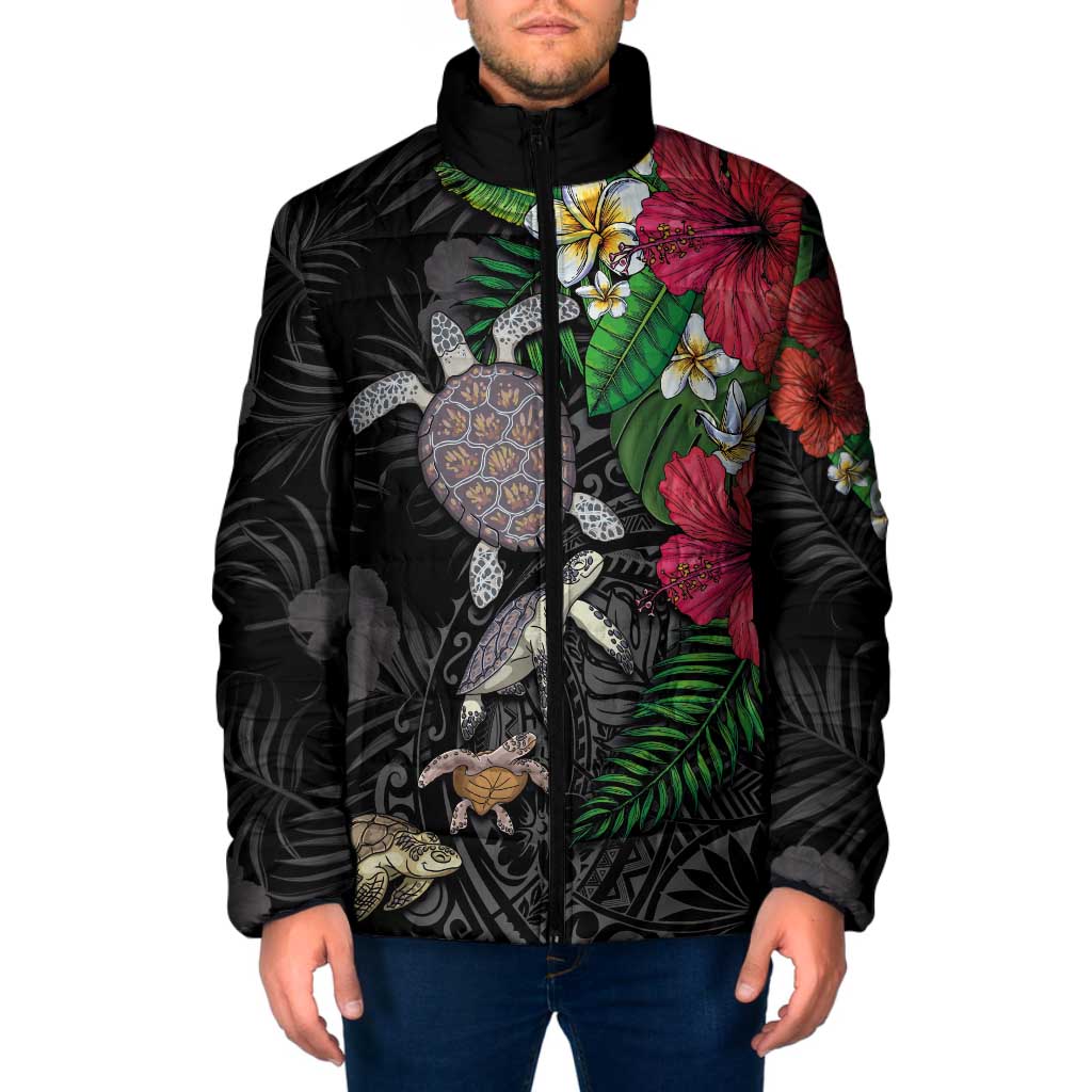 Hawaiian Tropical Plants and Turtles Padded Jacket Polynesian Art Motifs