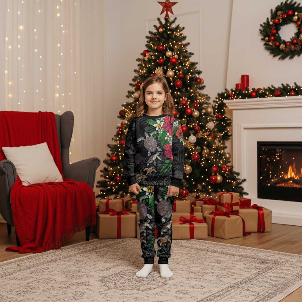 Hawaiian Tropical Plants and Turtles Christmas Pajama Set Polynesian Art Motifs