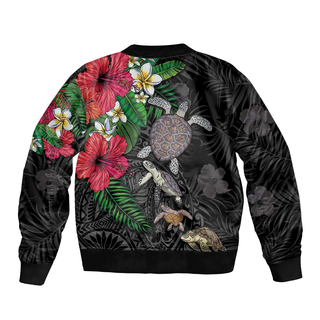 Hawaiian Tropical Plants and Turtles Sleeve Zip Bomber Jacket Polynesian Art Motifs LT03 - Polynesian Pride
