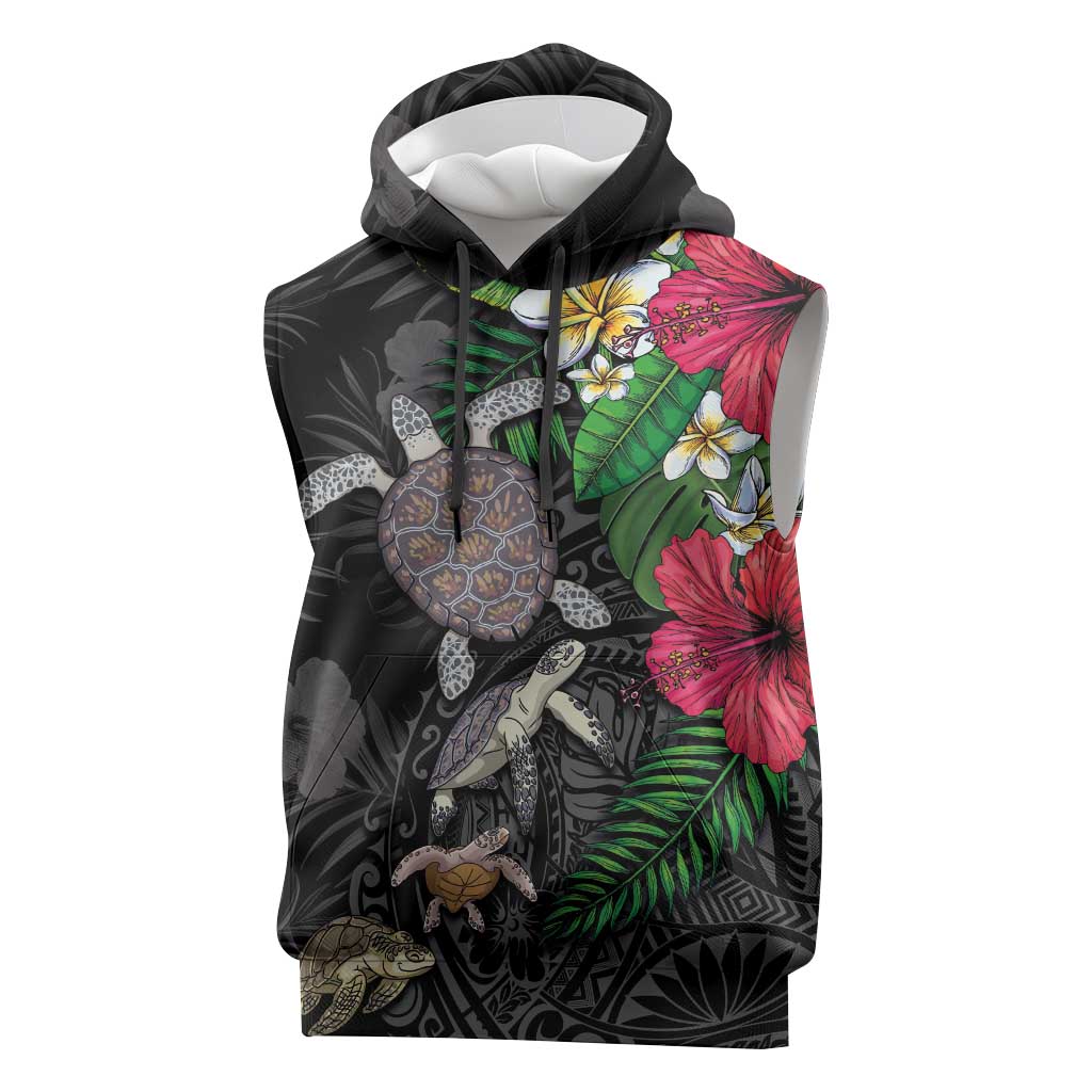 Hawaiian Tropical Plants and Turtles Sleeveless Hoodie Polynesian Art Motifs