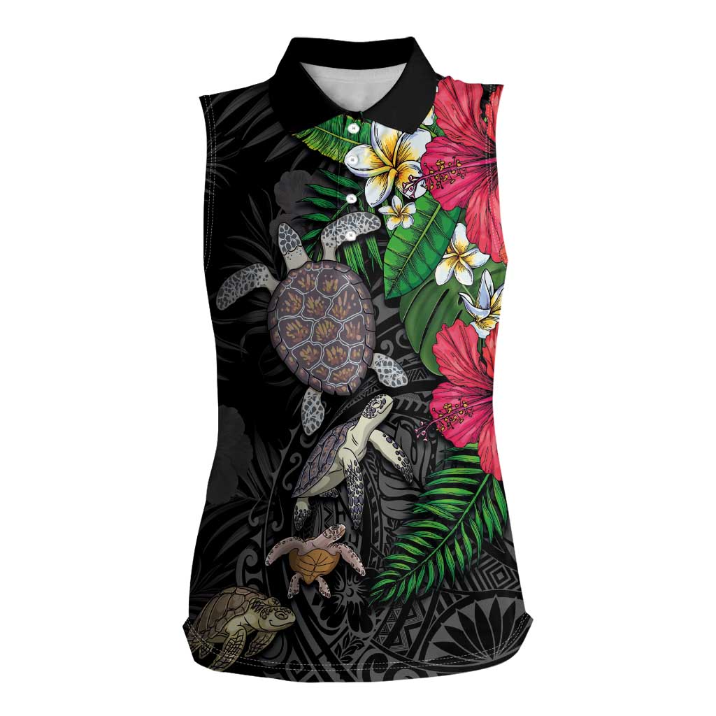Hawaiian Tropical Plants and Turtles Women Sleeveless Polo Shirt Polynesian Art Motifs LT03 Female Black - Polynesian Pride