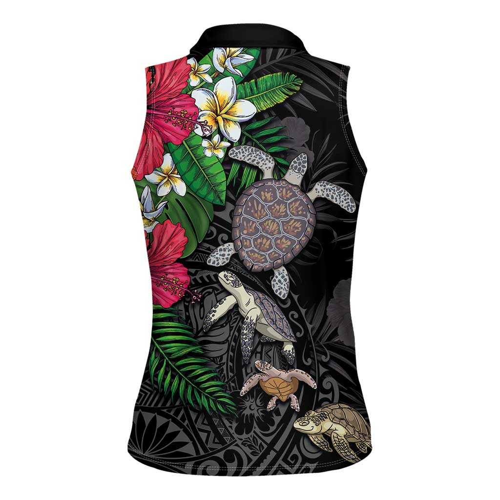 Hawaiian Tropical Plants and Turtles Women Sleeveless Polo Shirt Polynesian Art Motifs LT03 - Polynesian Pride