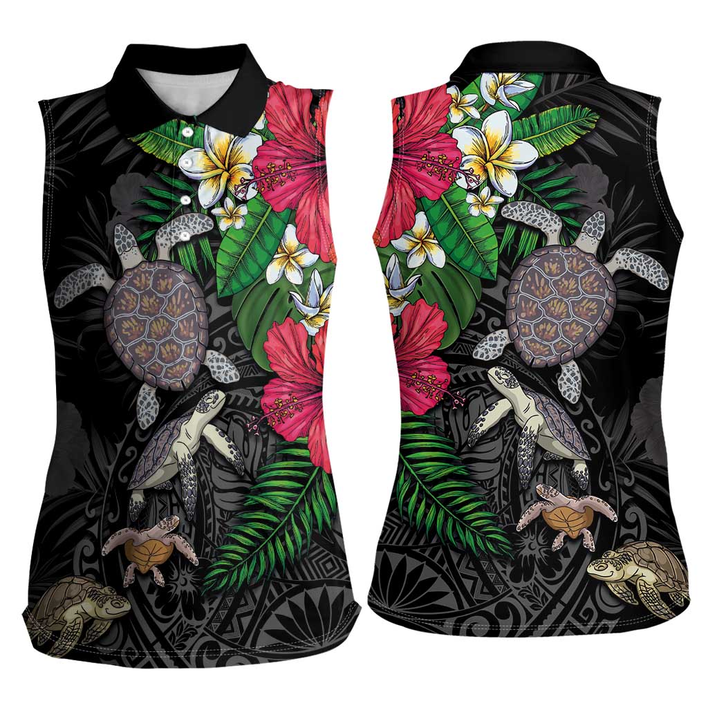 Hawaiian Tropical Plants and Turtles Women Sleeveless Polo Shirt Polynesian Art Motifs LT03 - Polynesian Pride
