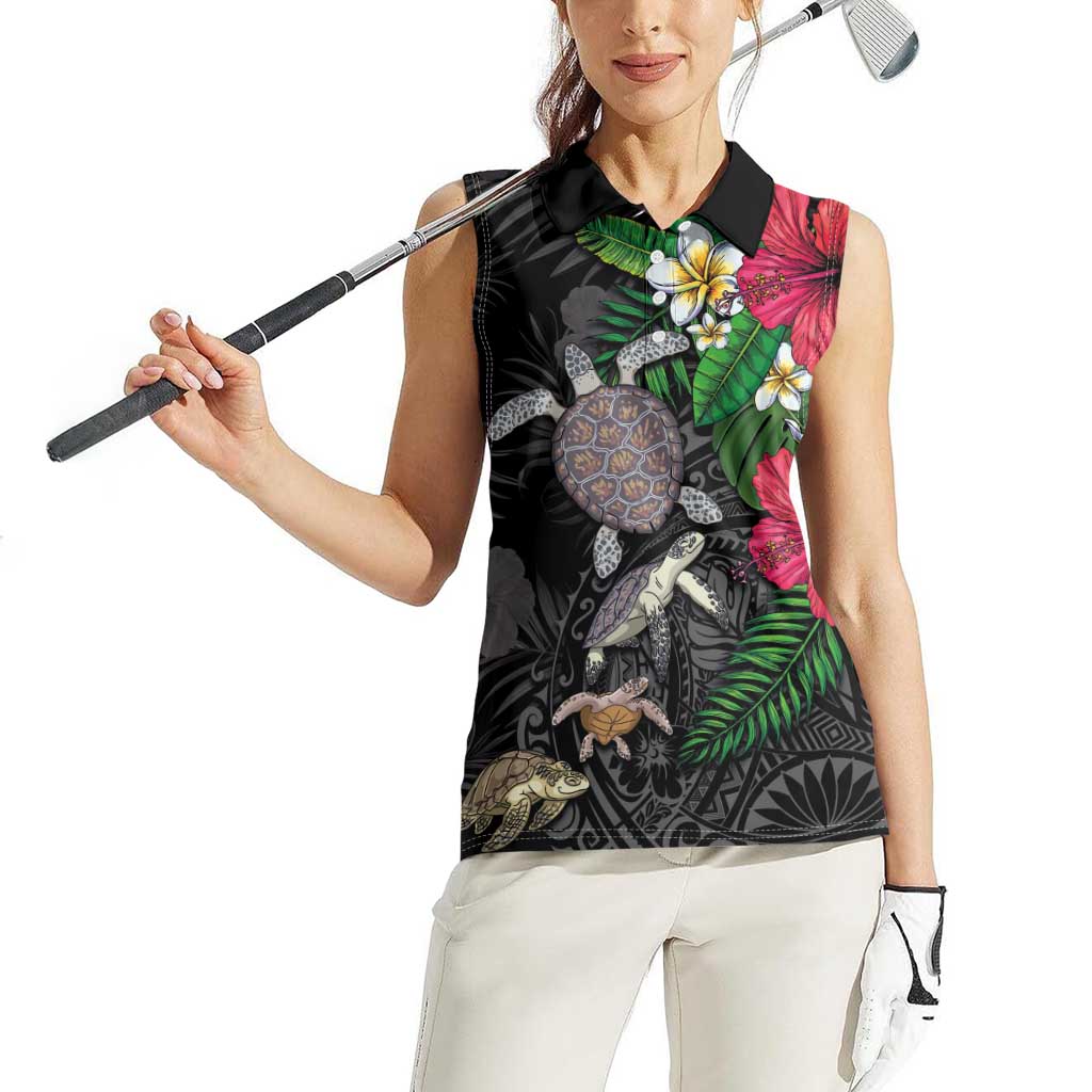 Hawaiian Tropical Plants and Turtles Women Sleeveless Polo Shirt Polynesian Art Motifs LT03 - Polynesian Pride