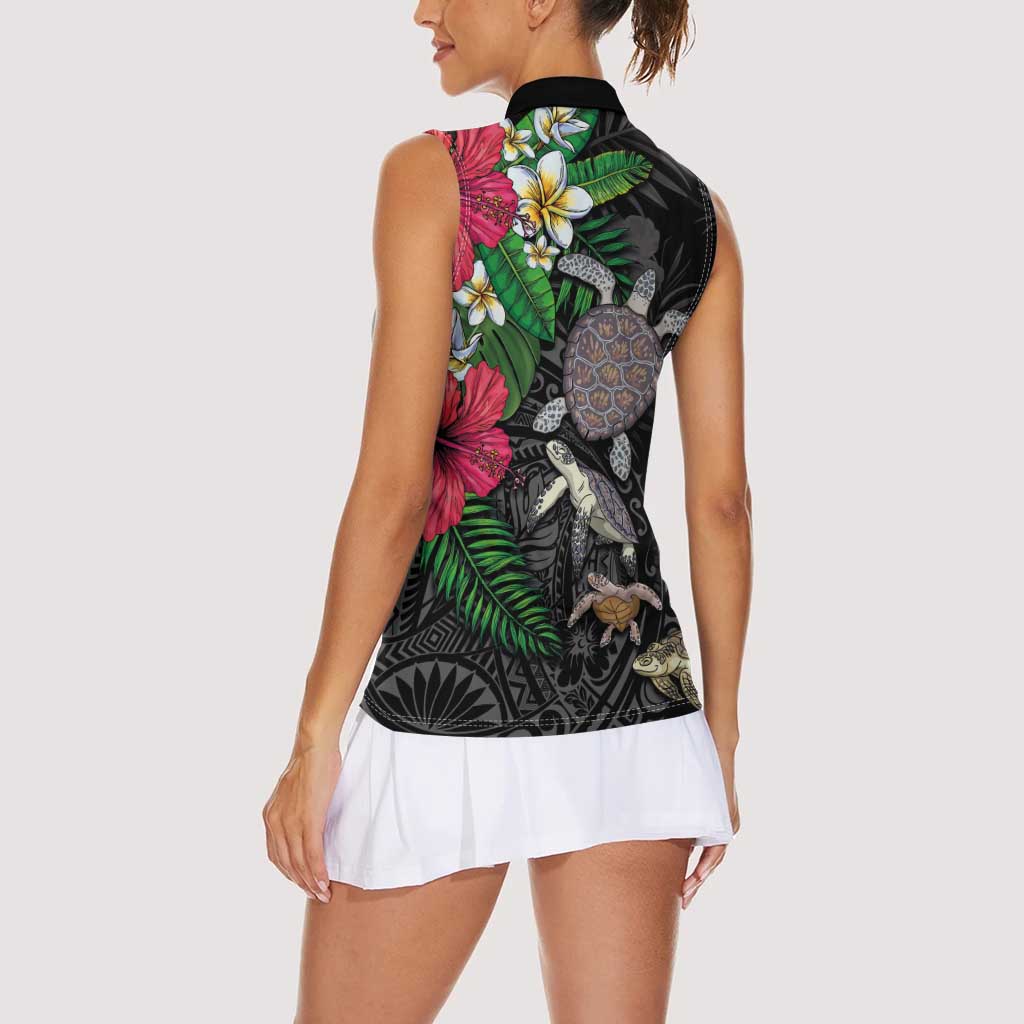 Hawaiian Tropical Plants and Turtles Women Sleeveless Polo Shirt Polynesian Art Motifs LT03 - Polynesian Pride