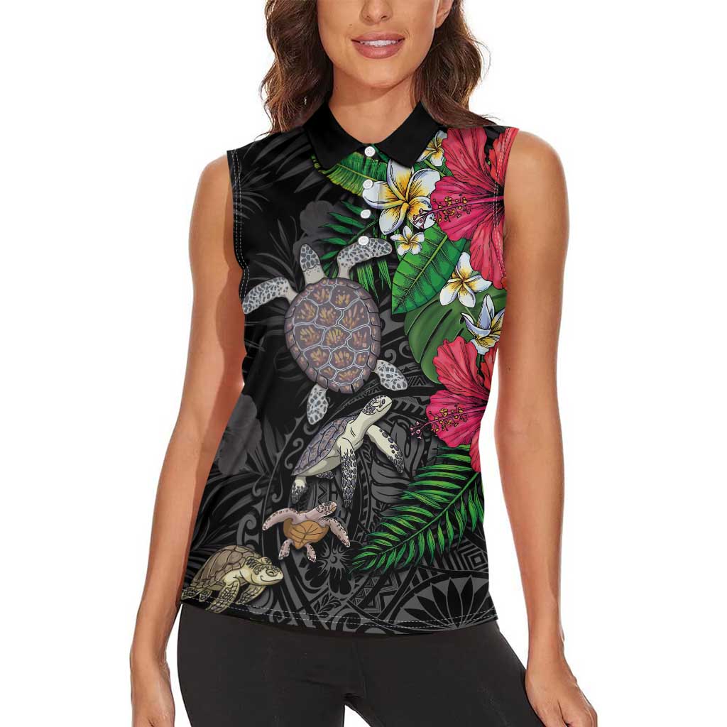 Hawaiian Tropical Plants and Turtles Women Sleeveless Polo Shirt Polynesian Art Motifs LT03 - Polynesian Pride