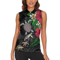 Hawaiian Tropical Plants and Turtles Women Sleeveless Polo Shirt Polynesian Art Motifs LT03 - Polynesian Pride