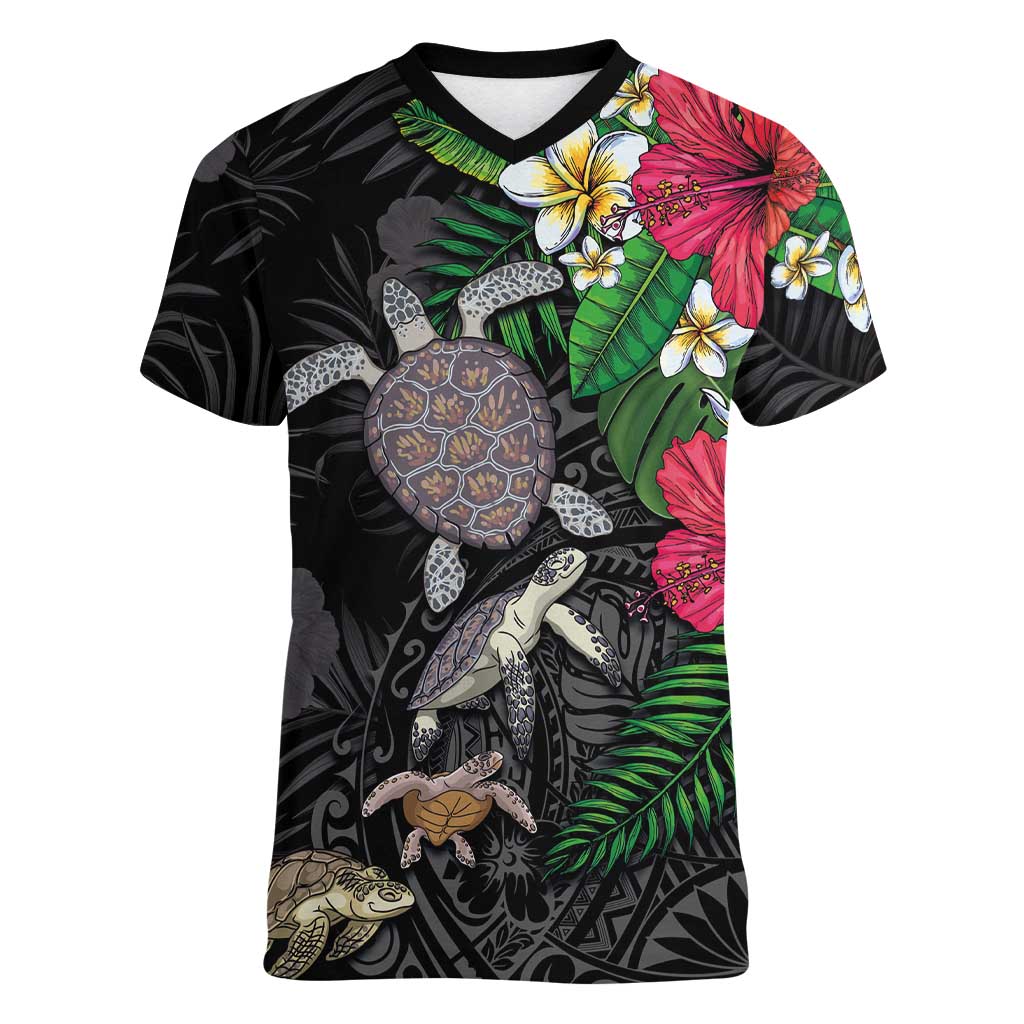 Hawaiian Tropical Plants and Turtles Women V-Neck T-Shirt Polynesian Art Motifs