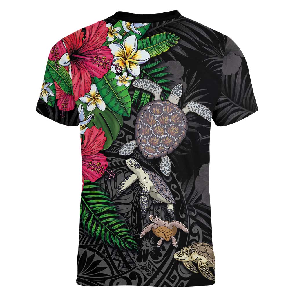 Hawaiian Tropical Plants and Turtles Women V-Neck T-Shirt Polynesian Art Motifs