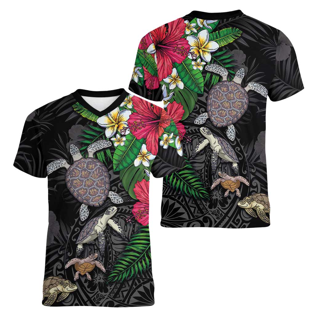 Hawaiian Tropical Plants and Turtles Women V-Neck T-Shirt Polynesian Art Motifs