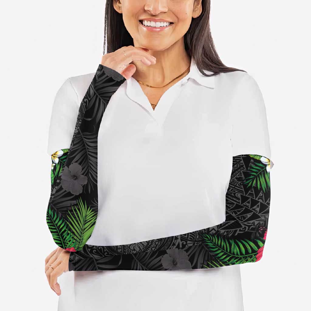 Hawaiian Tropical Plants Arm Sleeves Kakau Tattoo and Polynesian Pattern Half Black Color