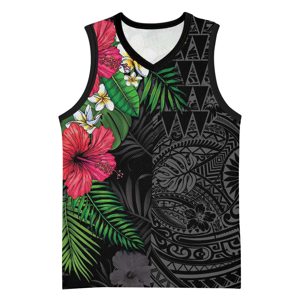 Hawaiian Tropical Plants Basketball Jersey Kakau Tattoo and Polynesian Pattern Half Black Color