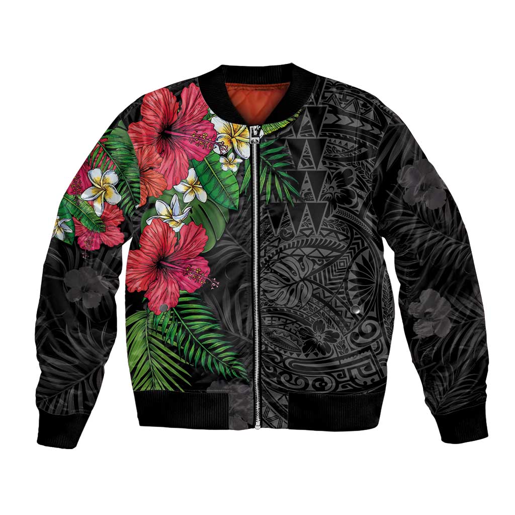 Hawaiian Tropical Plants Bomber Jacket Kakau Tattoo and Polynesian Pattern Half Black Color LT03 Unisex Black - Polynesian Pride