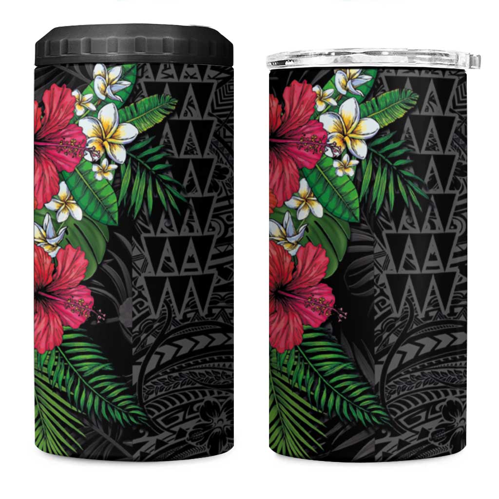 Hawaiian Tropical Plants 4 in 1 Can Cooler Tumbler Kakau Tattoo and Polynesian Pattern Half Black Color