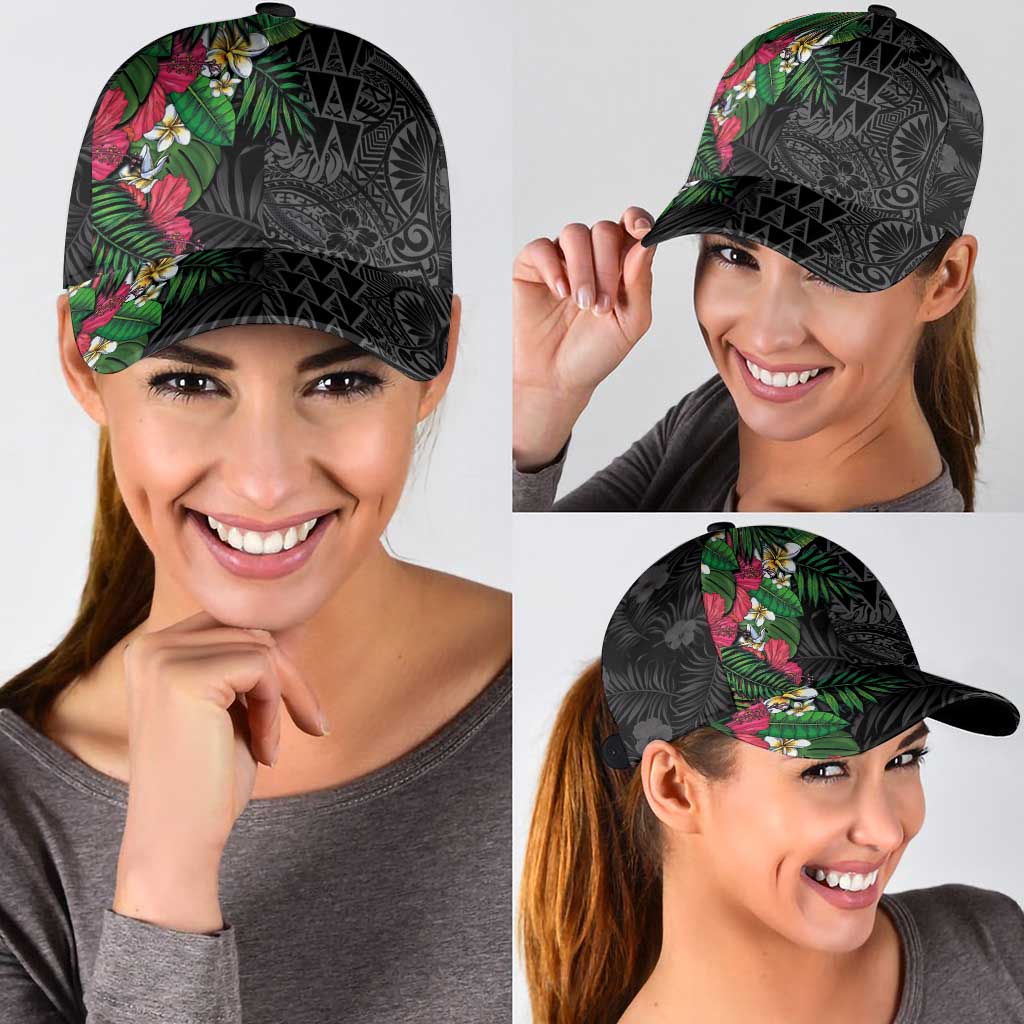 Hawaiian Tropical Plants Classic Cap Kakau Tattoo and Polynesian Pattern Half Black Color